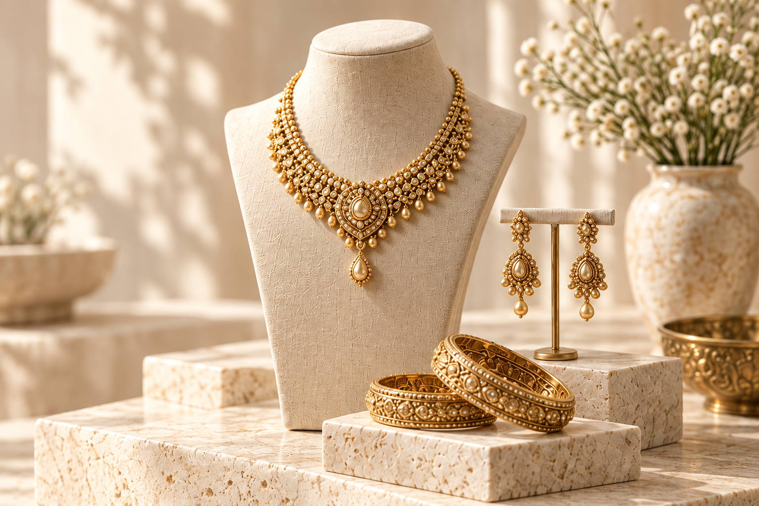 Gold necklace, earrings and bangles displayed on cream linen and pale stone